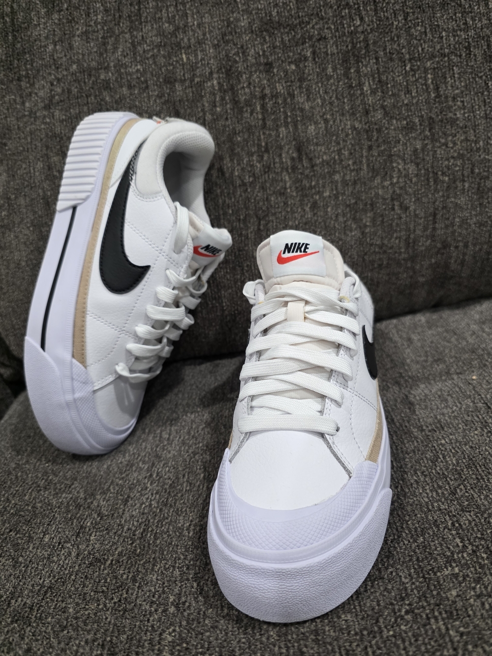 Nike White Platform Sneakers with Black Swoosh and Beige Trim - Picture 7 of 9